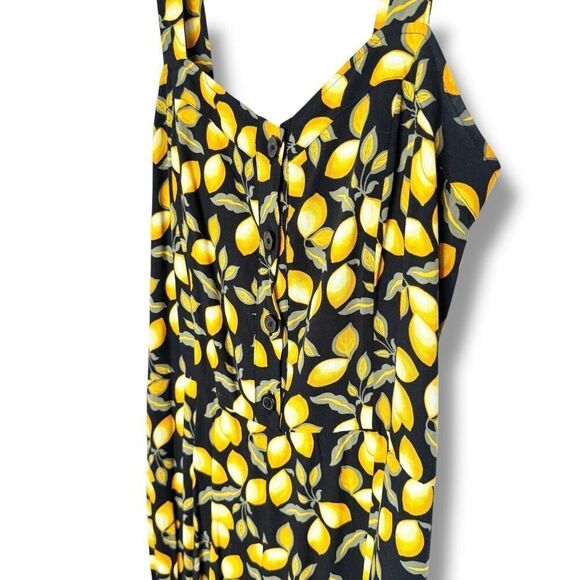 LOFT Black Yellow Lemon Print Jumpsuit Spaghetti Strap Button Up Wide Crop Leg S - Picture 5 of 10